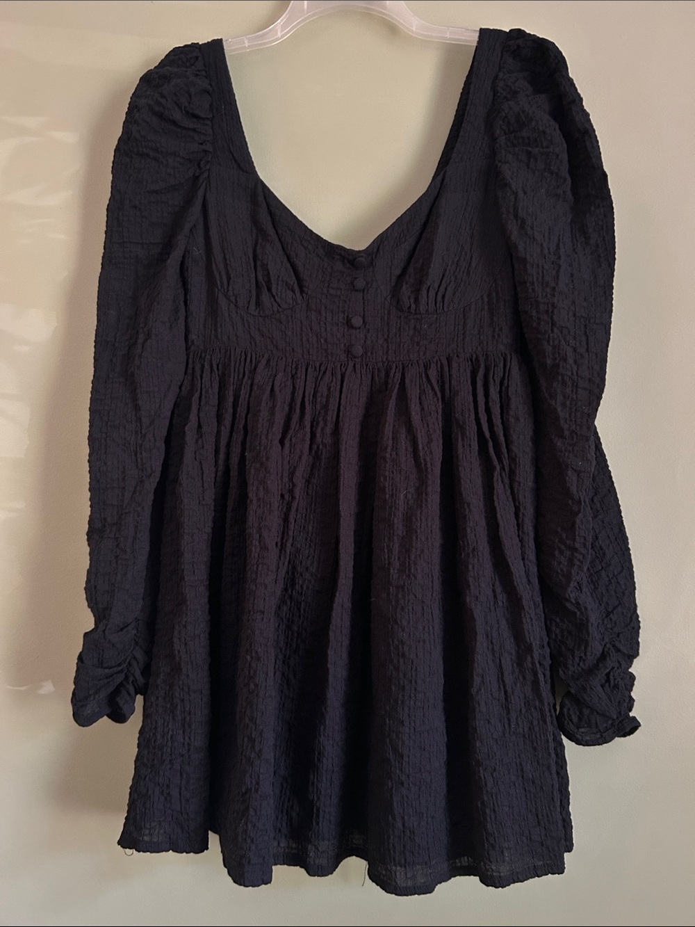 ASOS DESIGN puckered texture long-sleeve mini babydoll dress in black Size 6
